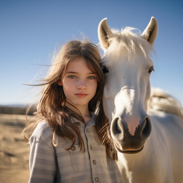 retrato de una hermosa chica linda y un caballo