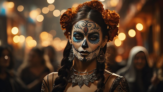 Retrato de una hermosa chica con maquillaje de cráneo Dia de los muertos Día de los Muertos Halloween