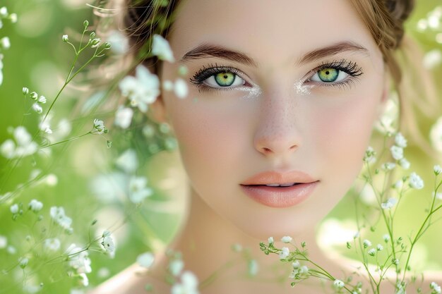 Retrato de una hermosa chica con maquillaje natural con flores de primavera