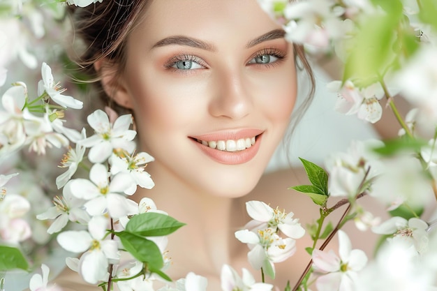 Retrato de una hermosa chica con maquillaje natural con flores de primavera