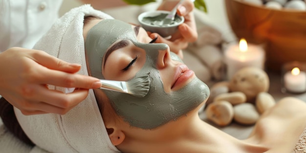 Foto retrato de una hermosa chica con una máscara de arcilla en la cara procedimiento de cosmetología profesional aplicando una máscara verde de arcilla spa y concepto de cuidado personal