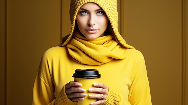 Retrato de una hermosa chica morena manteniendo en las manos una bebida de café amarillo para llevar