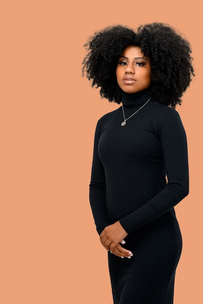 Retrato de una hermosa chica negra con un peinado afro black power aislado sobre un fondo de chocolate