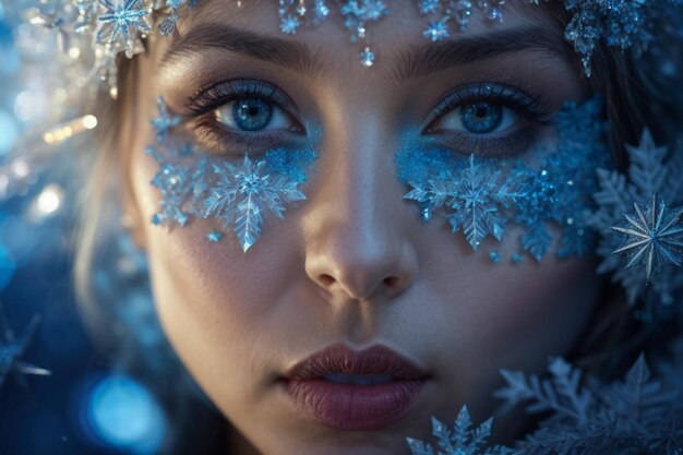 Retrato de una hermosa chica de ojos azules y una atmósfera nevada