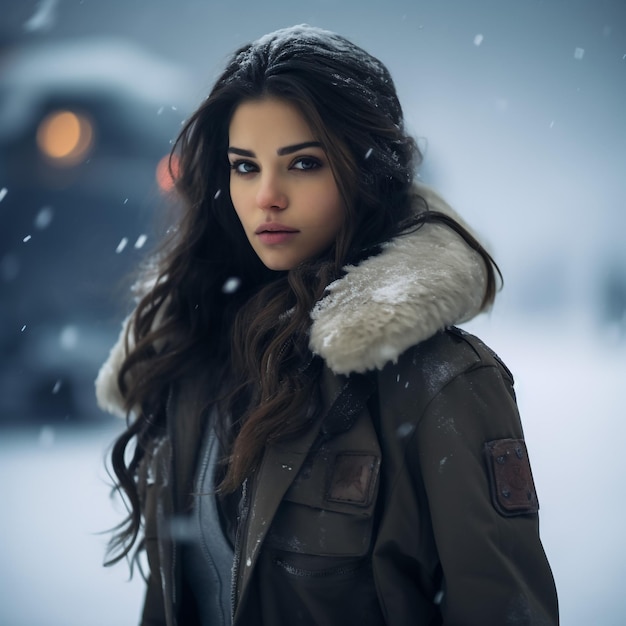 Retrato de una hermosa chica en un paisaje de invierno