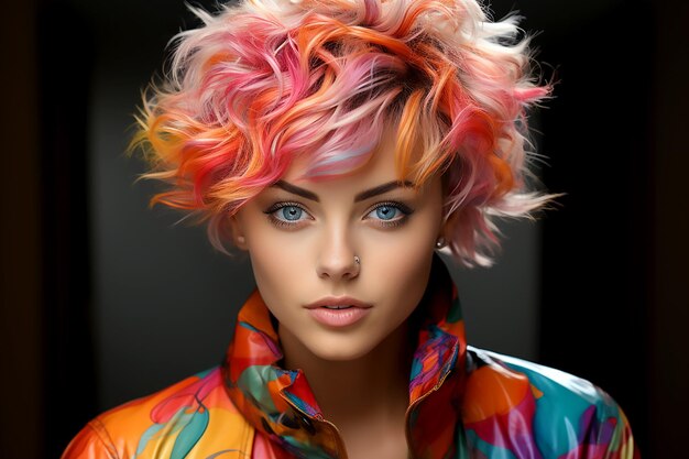 Retrato de una hermosa chica con peinado de neón arco iris sobre fondo negro