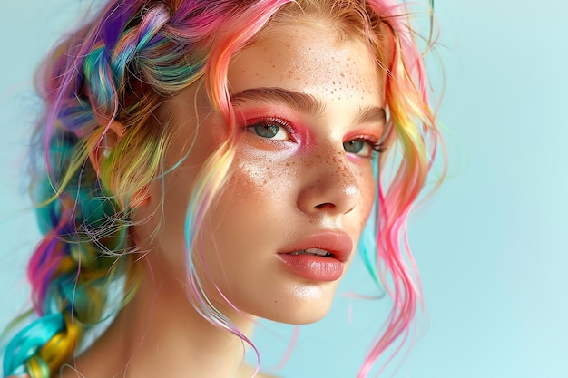 Retrato de una hermosa chica con el peinado de neón arco iris