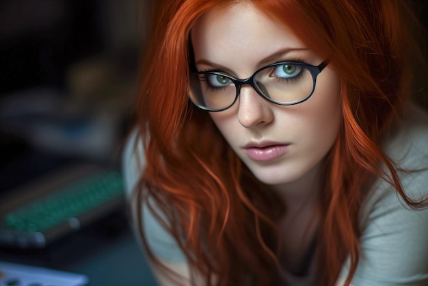 Retrato de una hermosa chica pelirroja con gafas en la oficina IA generativa