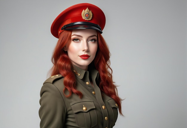 Foto retrato de una hermosa chica pelirroja en uniforme militar sobre un fondo gris