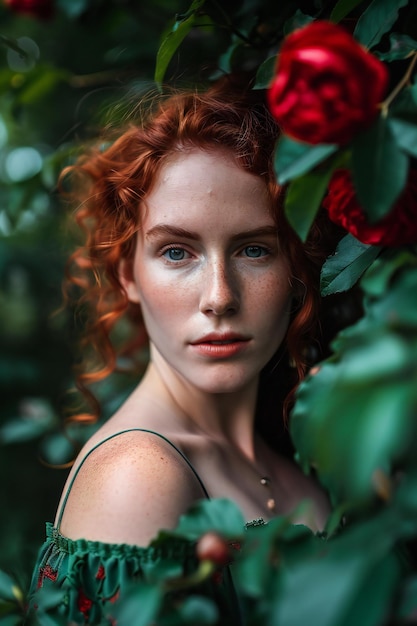 Retrato de una hermosa chica pelirroja en un vestido verde sobre un fondo de flores