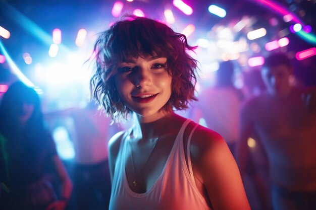 Foto retrato de una hermosa chica con el pelo corto bailando en un club nocturno