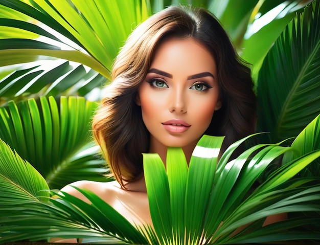 Foto retrato de una hermosa chica entre plantas tropicales una mirada a través de la palma deja el concepto de spa bea