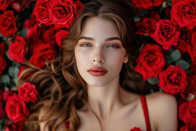 Retrato de una hermosa chica rodeada de rosas rojas y pétalos de rosa en el día de San Valentín o cumpleaños