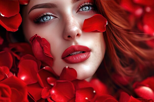 Retrato de una hermosa chica rodeada de rosas rojas y pétalos de rosa en el día de San Valentín o cumpleaños