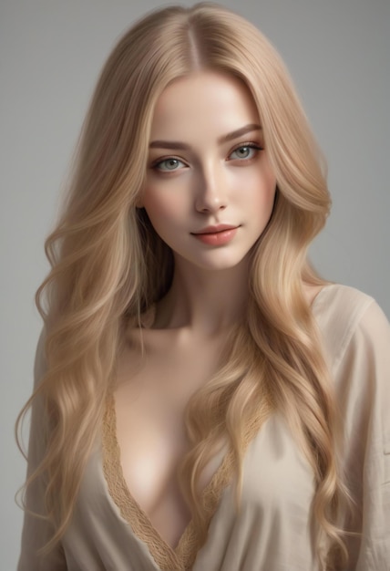 Retrato de una hermosa chica rubia con cabello largo maquillaje perfecto y peinado