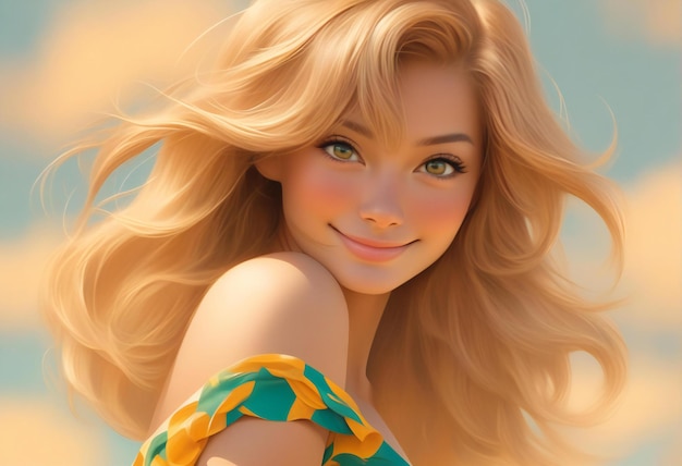 Foto retrato de una hermosa chica rubia con cabello largo en la playa