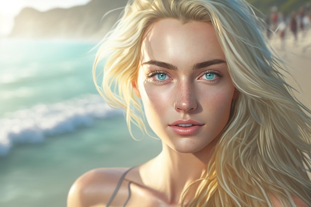 Retrato de una hermosa chica rubia con ojos azules contra el mar