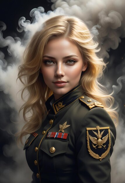 Retrato de una hermosa chica rubia con un uniforme militar Tema militar