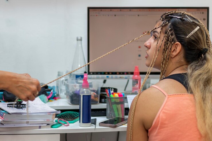 Foto retrato de una hermosa chica con senegalesa de preparación para las colas senegalesas