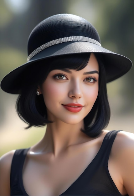 Retrato de una hermosa chica con un sombrero negro Moda de belleza