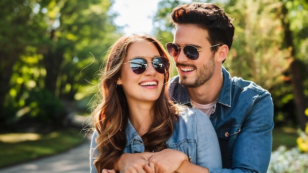 Retrato de una hermosa chica sonriente y su guapo novio riendo