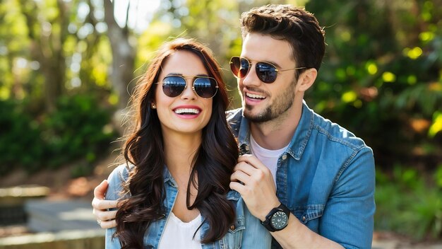 Retrato de una hermosa chica sonriente y su guapo novio riendo