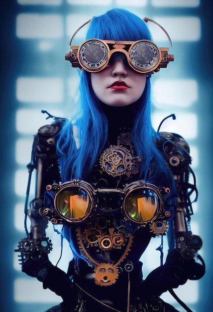 Retrato de una hermosa chica steampunk ficticia con cabello hermoso y gafas steampunk