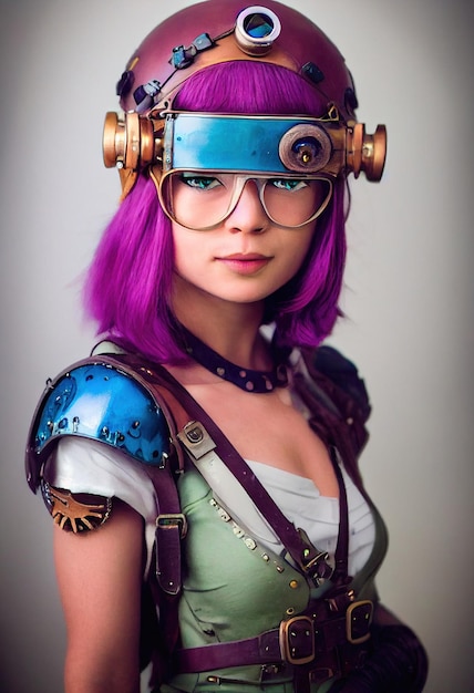 Retrato de una hermosa chica steampunk ficticia con cabello hermoso y gafas steampunk