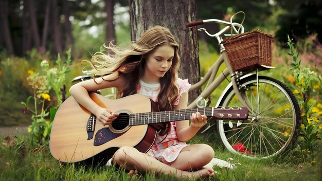 Retrato de una hermosa chica tocando la guitarra con una bicicleta en la naturaleza