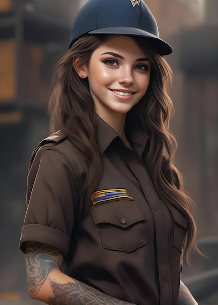 Foto retrato de una hermosa chica con un uniforme militar chica con tatuajes en sus brazos