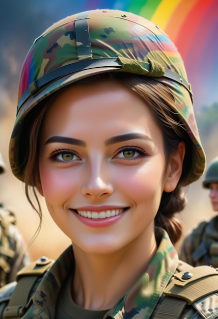 Retrato de una hermosa chica con un uniforme militar sobre un fondo de arco iris