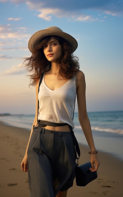 Retrato de una hermosa chica de vacaciones junto al mar en la playa descansando en la playa