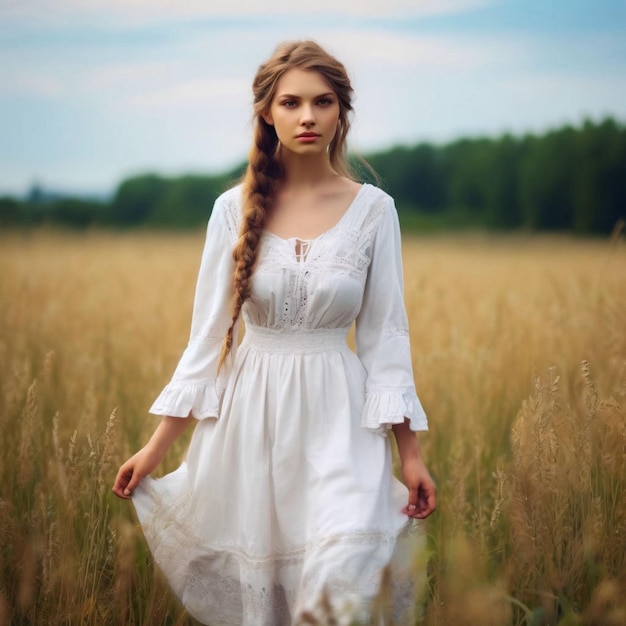 Retrato de una hermosa chica con un vestido blanco en un campo de trigo
