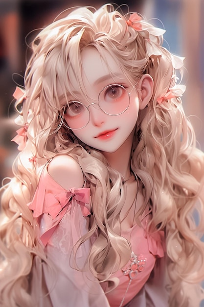 Retrato Hermosa chica con vestido de cabello rosado posando para la foto Lovely Anime Style Ai Generated