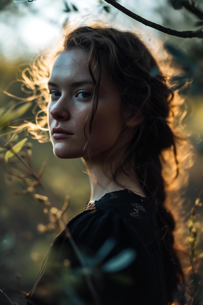 Retrato de una hermosa chica con un vestido negro en el bosque