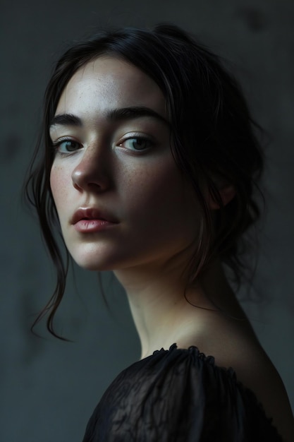 Retrato de una hermosa chica en un vestido negro sobre un fondo oscuro