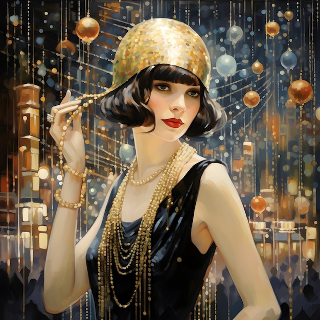 Retrato de una hermosa chica con un vestido negro y un sombrero dorado