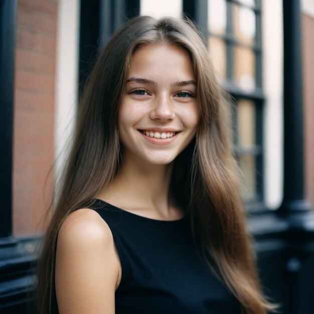 Retrato de una hermosa chica con un vestido negro