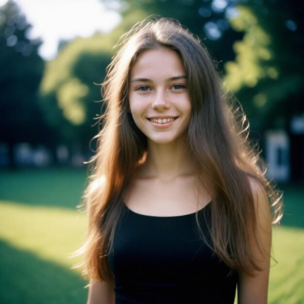 Retrato de una hermosa chica con un vestido negro