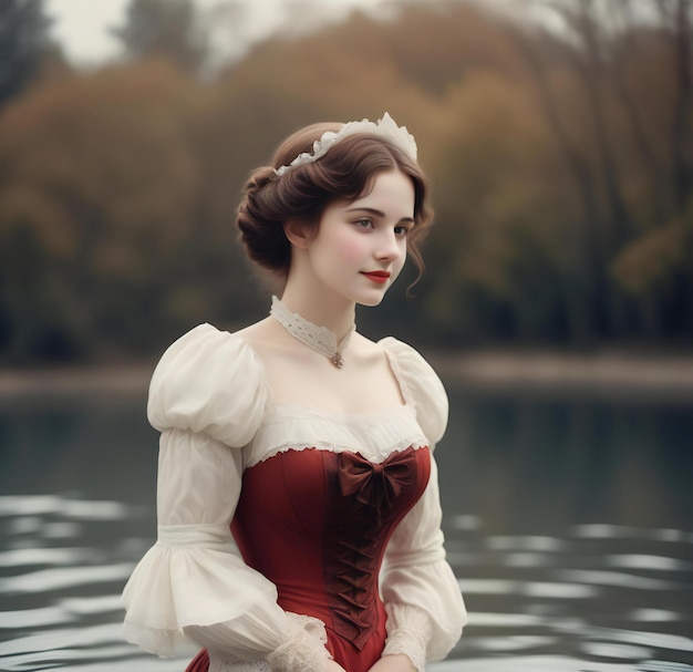 Foto retrato de una hermosa chica en un vestido rojo en el lago