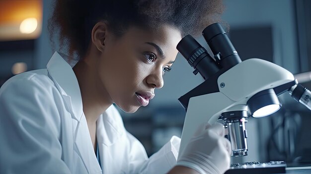 Retrato de una hermosa científica negra mirando bajo el microscopio hace análisis de muestras de prueba de laboratorio de ciencias médicas generativa Ai