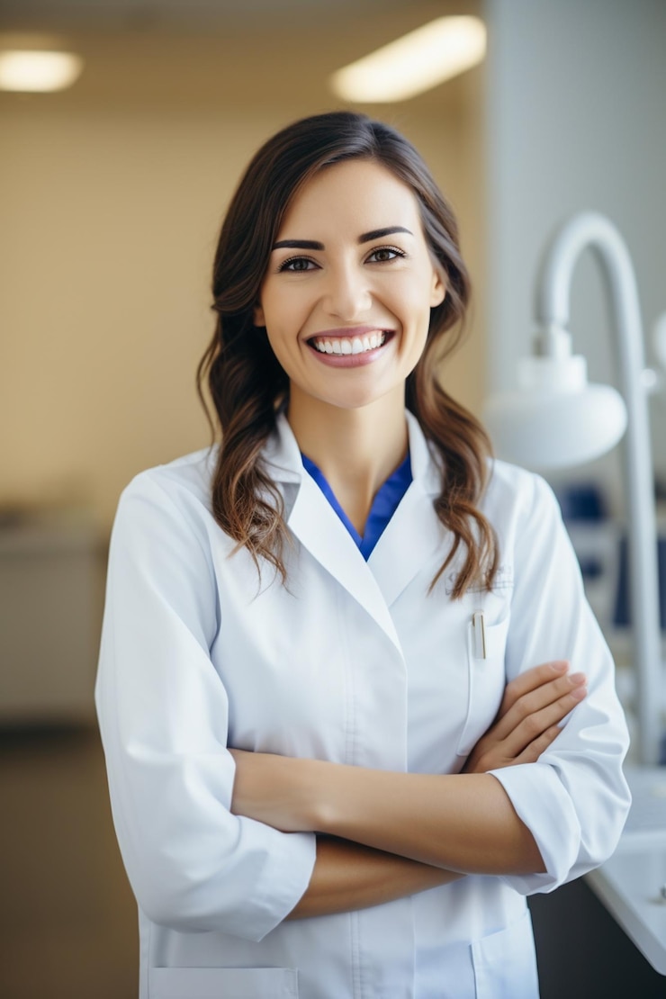 Foto retrato de una hermosa dentista sonriente de pie con los brazos cruzados en su clínica dental