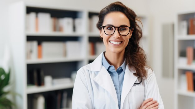 Retrato de una hermosa doctora mirando la cámara en el fondo borroso del hospital