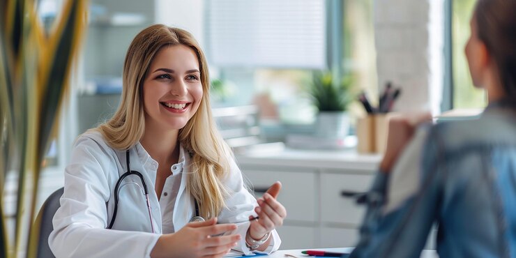 Retrato de una hermosa doctora sonriente con sus colegas médicos