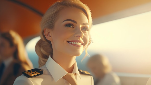 Foto retrato de una hermosa y dulce azafata en la cabina de un avión