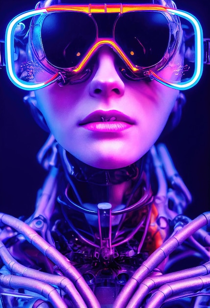 Foto retrato de una hermosa fashionista cyberpunk ficticia con hermosas gafas cyberpunk.