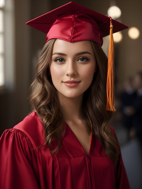 Retrato de una hermosa y feliz graduada con toga y gorra de graduación