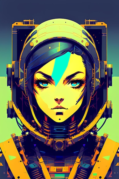 Un retrato de una hermosa girla war en armadura moderna con las últimas armas del futuro Mujer con casco y traje espacial con un fondo espacial AI