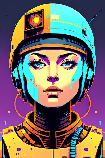 Un retrato de una hermosa girla war en armadura moderna con las últimas armas del futuro Mujer con casco y traje espacial con un fondo espacial AI