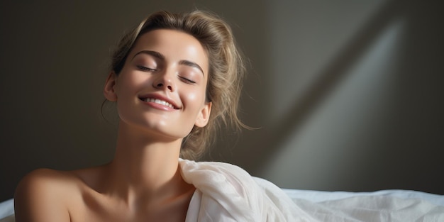 Retrato de una hermosa joven acostada en la cama y sonriendo